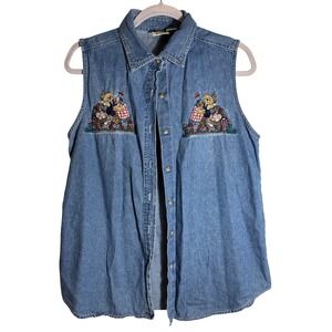 VTG Quizz‎ Again Denim Embroidered Picnic Teddy Bear Button-Up Vest Size Large